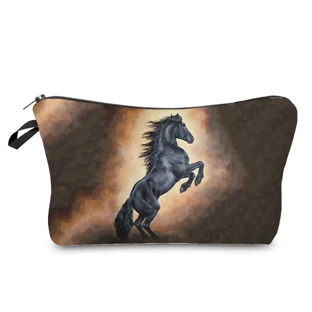 sacs de maquillage imprimés cheval pour femmes, sac à cosmétiques décontracté pour filles, mini trousse de toilette écologique réutilisable de voyage, trousse à crayons pour étudiants