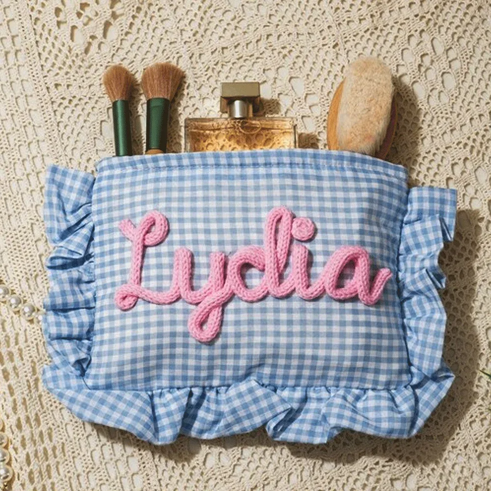 trousse de maquillage personnalisable à carreaux et volants avec nom, organiseur à carreaux vintage, trousse de toilette portable – un excellent cadeau pour les meilleures amies