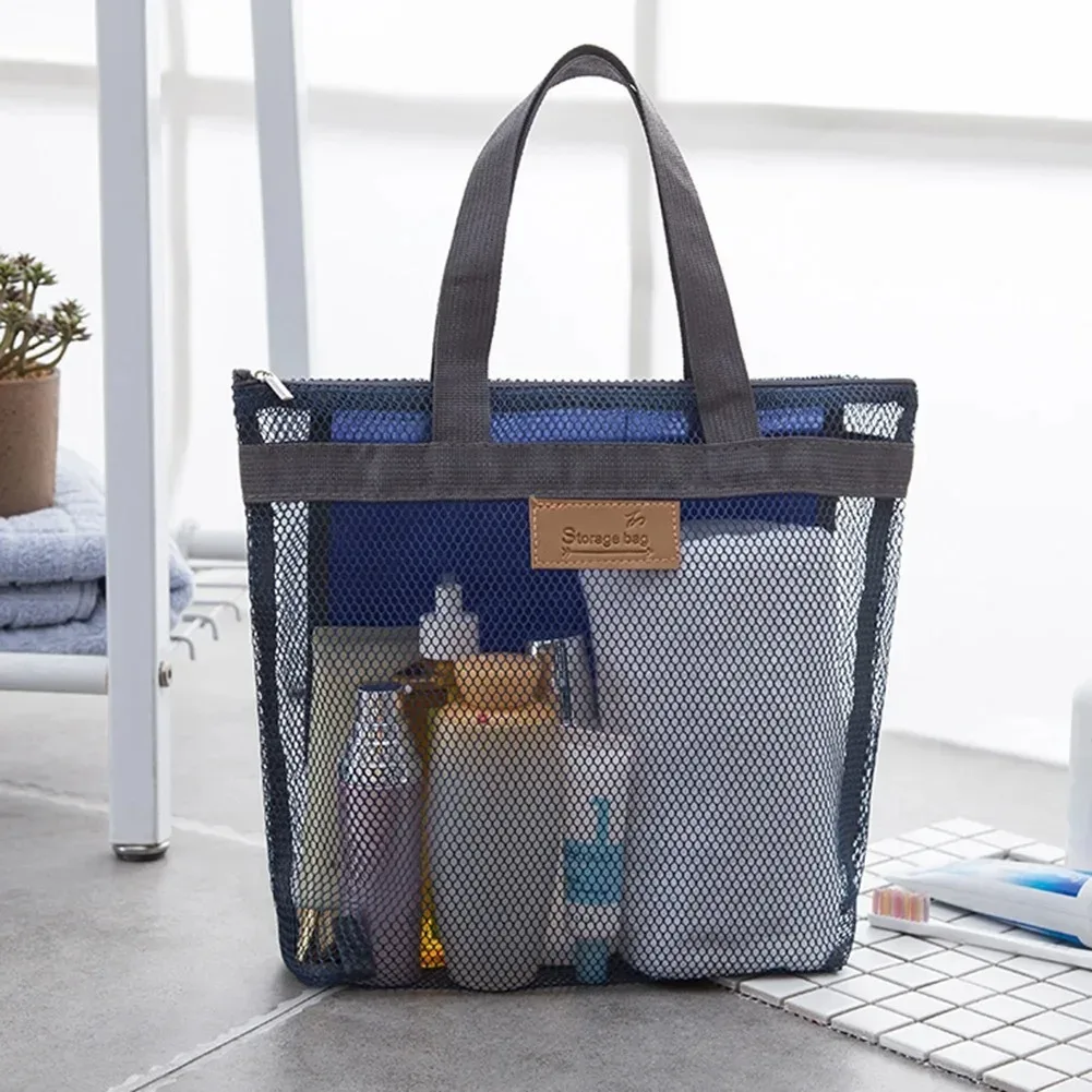 grande trousse de toilette portable en maille avec poignées durables et fermeture éclair pour voyage, plage, natation et rangement