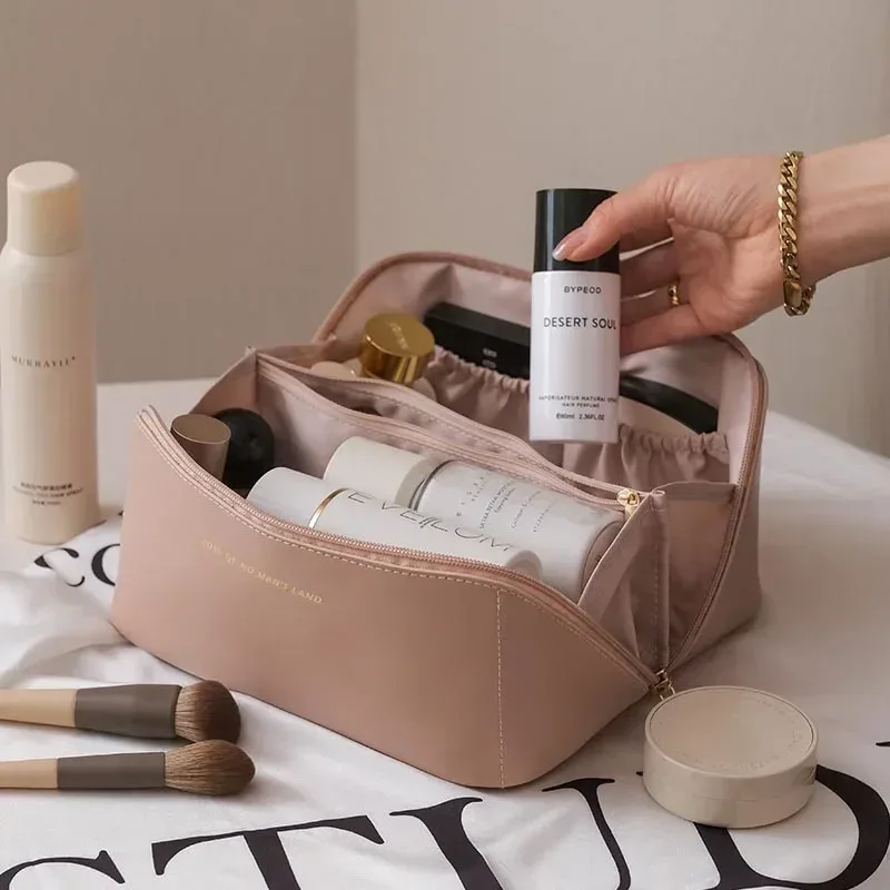 trousse de maquillage de voyage, grande capacité, trousse de maquillage pour femmes, sac portable imperméable à ouverture plate, avec séparateur et poignée
