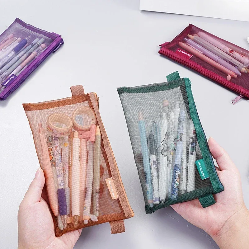 Sac de rangement cosmétique en maille pour femme, étui à crayons à fermeture éclair simple, sac transparent, poudres de maquillage, sac à main de voyage portable, outils de beauté