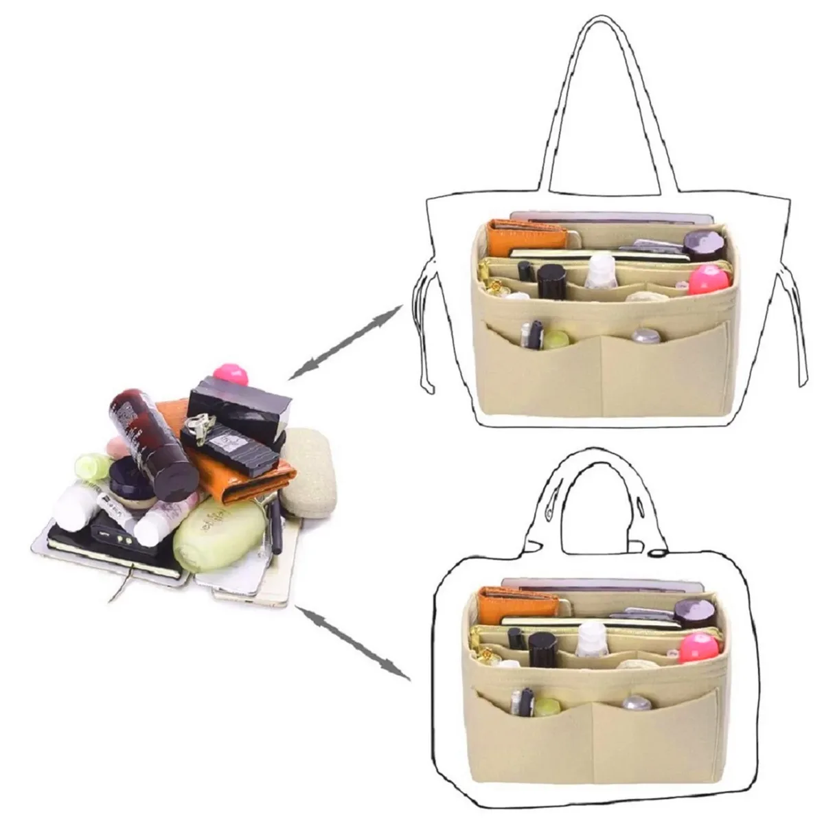 insert organisateur de sac à main en feutre – séparateur de sac fourre-tout de voyage avec fermeture éclair, insert de sac à main pour longchamp, neverfull, speedy & more