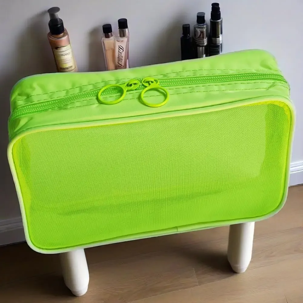 sac cosmétique en maille de nylon grande capacité, sac de rangement portable pour articles de toilette de voyage, organisateur de maquillage respirant et durable avec fermeture éclair