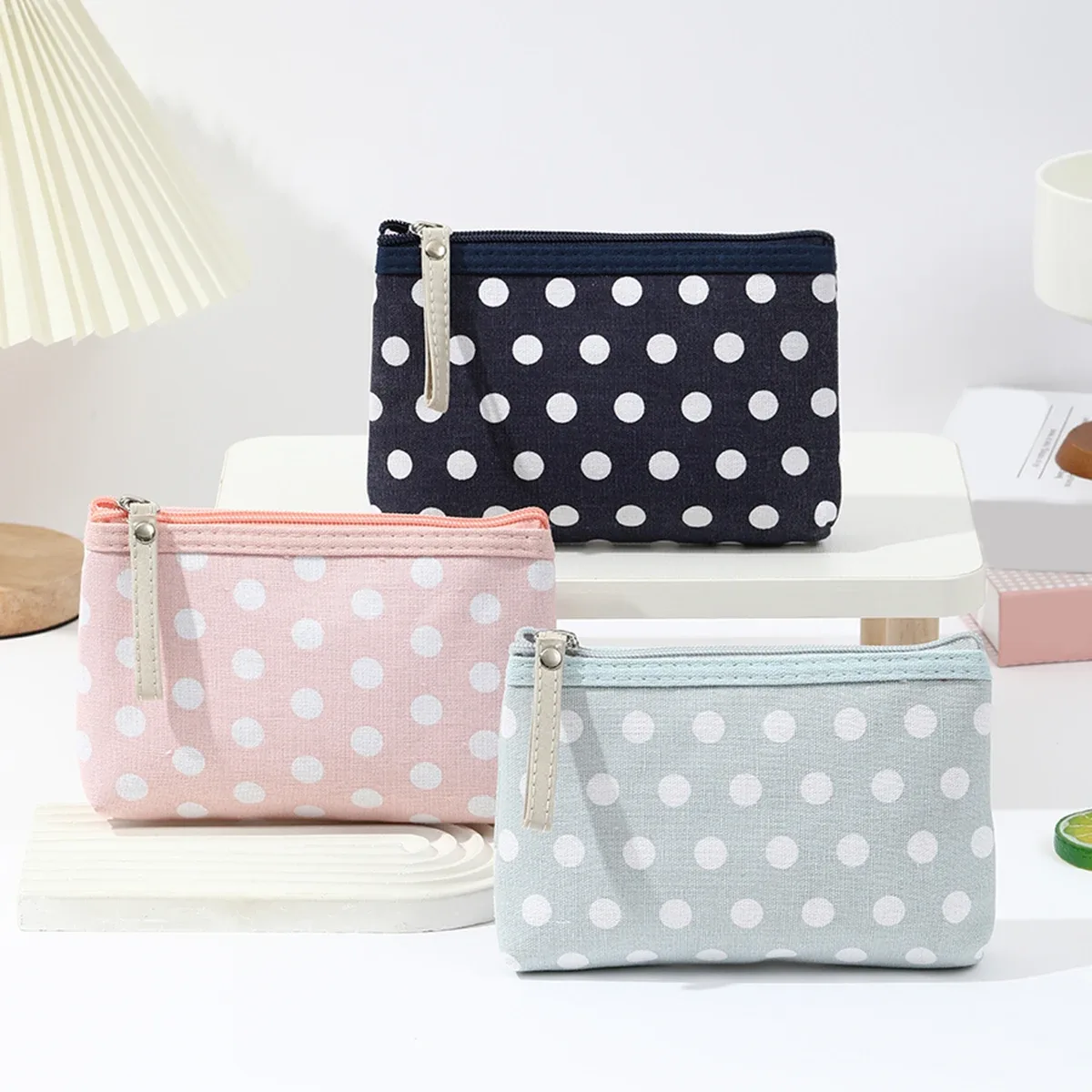 petite trousse de maquillage en toile à pois, simple et portable, sac de rangement pour soins de la peau, version coréenne, trousse à crayons pour étudiants, portefeuille