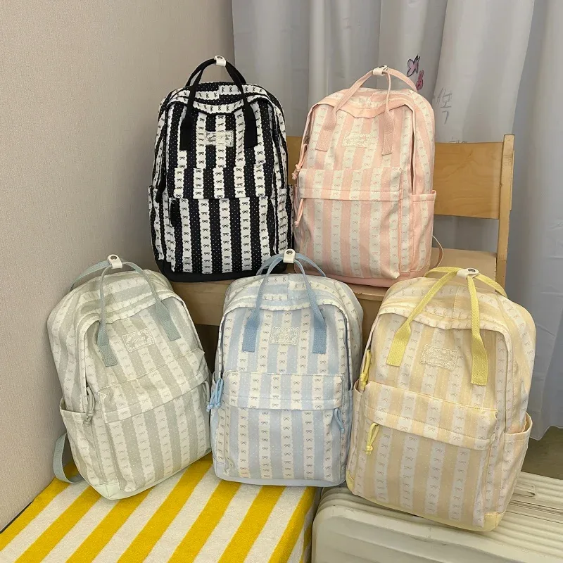sac à dos en nylon à rayures et imprimé nœud pour femme, léger, mignon, pour étudiante, sac d'école, sac à dos de voyage quotidien pour ordinateur portable a4