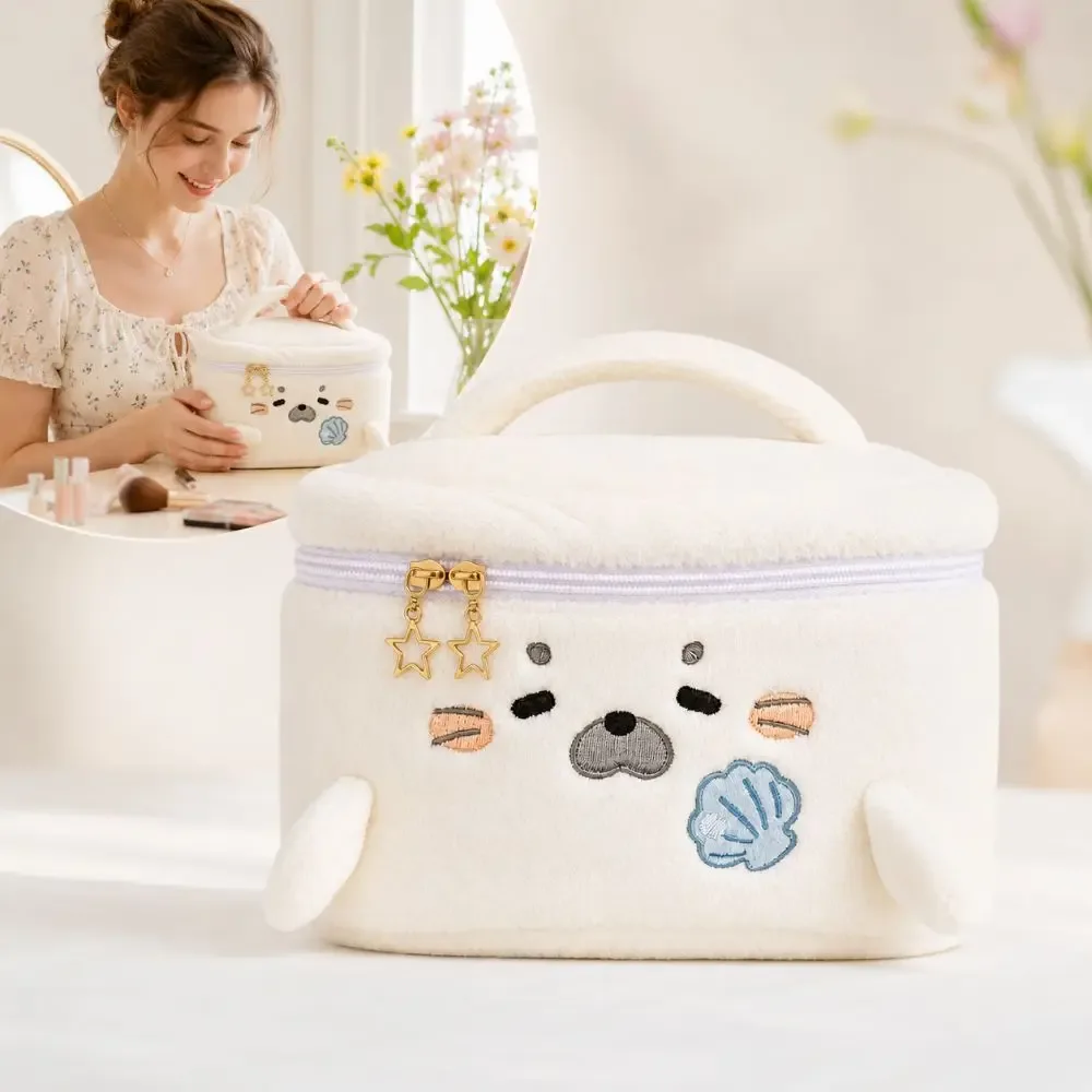 trousse de maquillage grande capacité en forme de phoque moelleux, sac cosmétique portable à motif brodé, trousse de toilette de voyage polyvalente