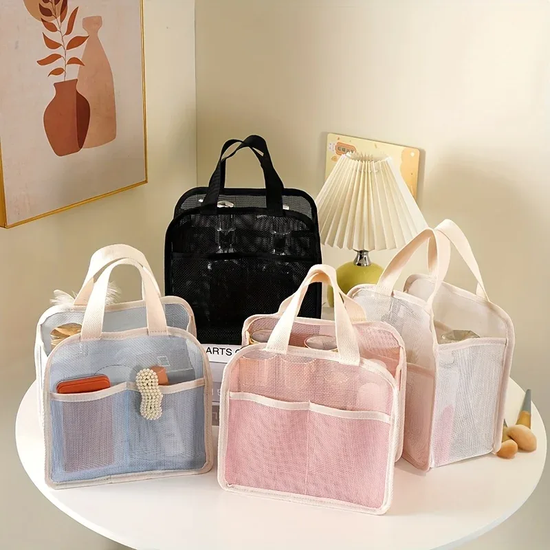 Sac à main en maille 1 pièce, trousse de maquillage design, sac de voyage portable pour rouge à lèvres, sac de rangement cosmétique, trousse de toilette, sac de bain transparent