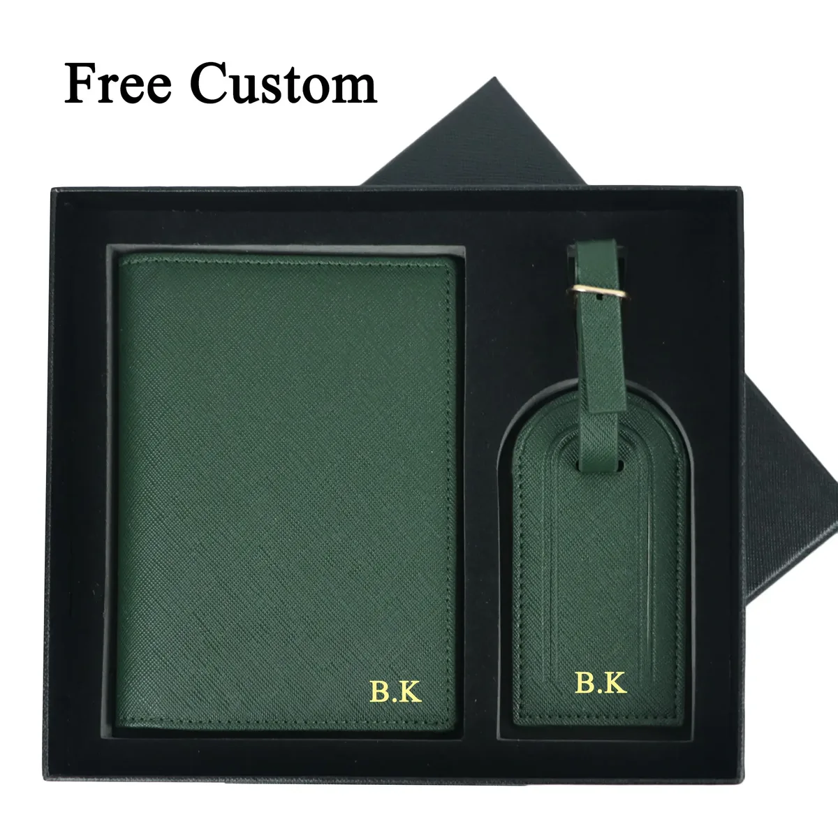 Coffret cadeau avec lettres initiales monogrammées gratuites, porte-passeport en cuir Saffiano, étiquette de bagage, couverture de passeport, accessoires de voyage