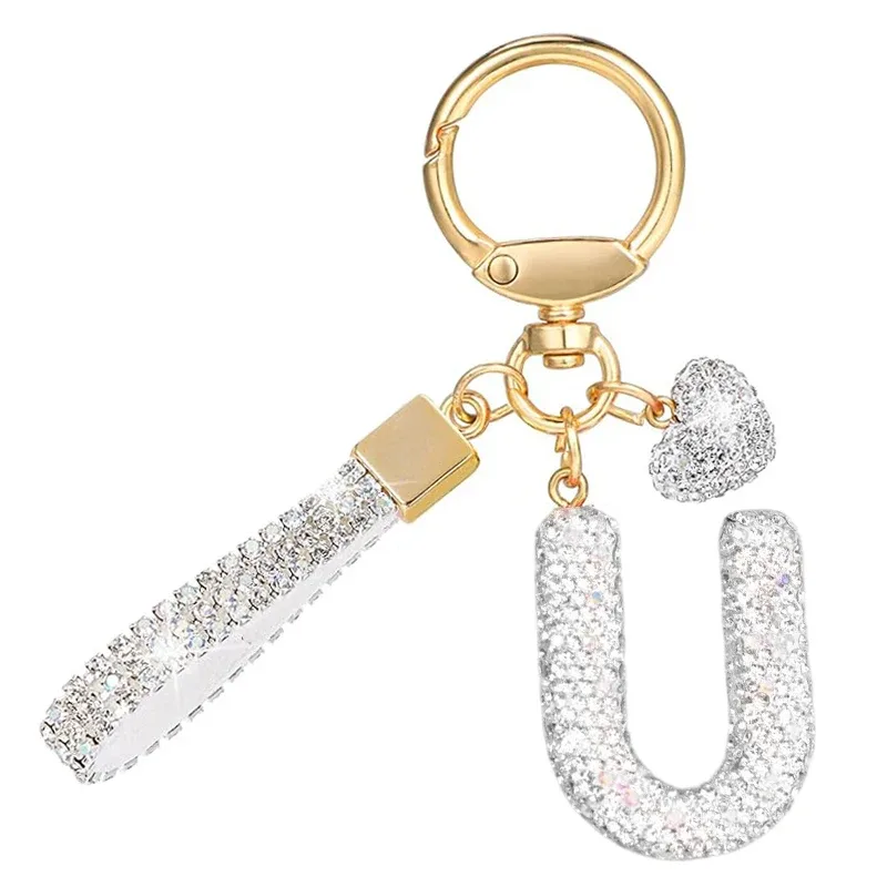 porte-clés avec lettres blanches brillantes, alphabet a-z pour porte-clés de voiture/sac à dos et cadeau avec lanière ajoutée