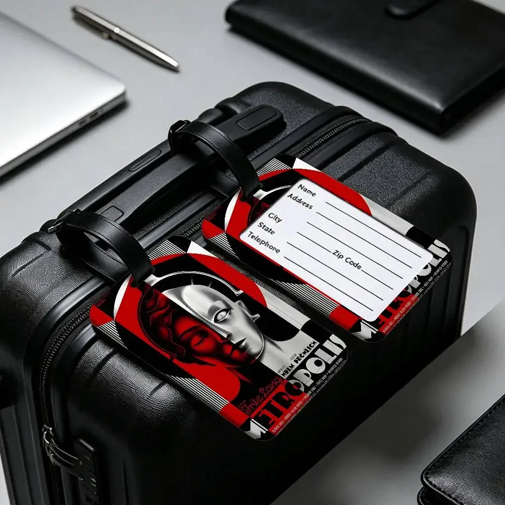 étiquette de bagage en pvc légère anti-perte, style rétro années 80, inspirée du film metropolis (allemagne), avec pochette amovible pour carte d'information, pour sac à dos