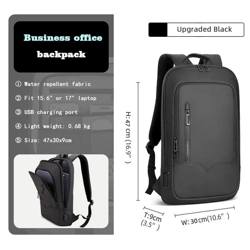 hcankcan-sac à dos mince pour homme, sacoche pour ordinateur portable 14 pouces, business, multifonctionnel, étanche, école, unisexe, décontracté, voyage, noir