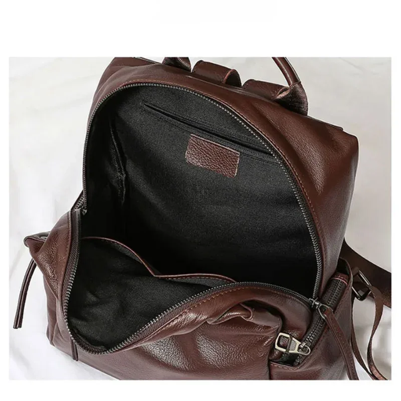 sac à dos de voyage décontracté pour femme, 100% cuir de vache naturel, grand cartable de style preppy pour fille, sac à dos pour ordinateur portable, café, 2025