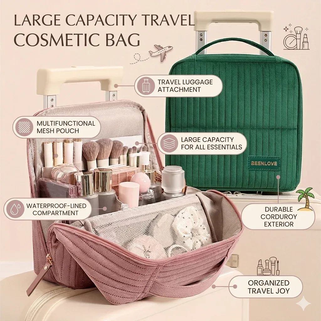 Trousse de Maquillage en Velours Tendance, Sac de Maquillage Portable Multifonctionnel, Trousse Cosmétique Étanche, Organisateur de Voyage