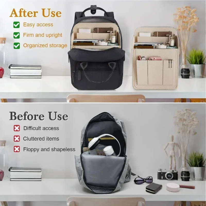 sac d'insertion pour sac à dos en feutre, organisateur structuré multi-compartiments grande capacité