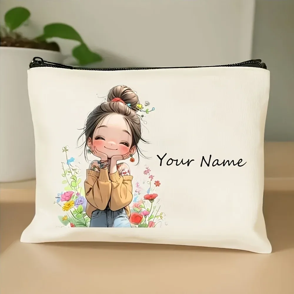 sacs de maquillage floraux vintage uniques et chics personnalisés avec nom pour filles, pochette cosmétique, trousse de toilette, trousse à crayons, sac de rangement de voyage