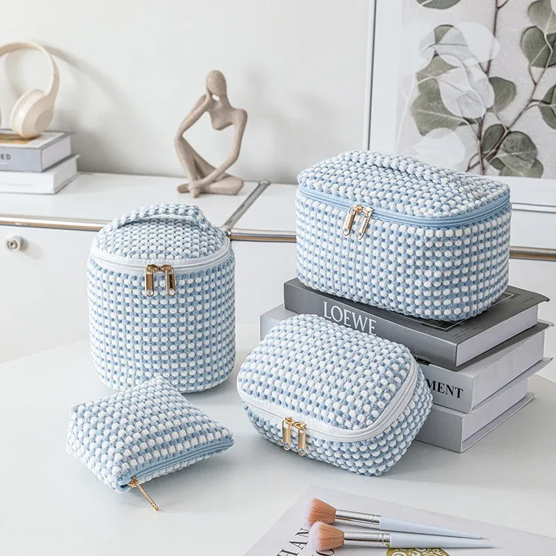 sacs de maquillage en peluche pour femmes, trousse à cosmétiques à fermeture éclair à carreaux, étui portable pour poudres de stockage d'évaluation cosmétique