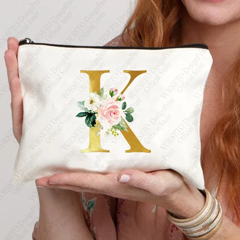 sac à fermeture éclair à motif initial pour femme, trousse de maquillage cosmétique, poudres de toile de bain de mariage, sacs de rouge à lèvres de voyage, cadeau de fête d'enterrement de vie de jeune fille