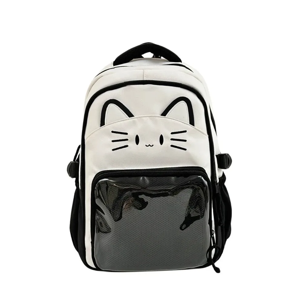 sac à dos imprimé chat kawaii pour adolescentes, sac d'école imperméable de grande capacité, sac à dos de voyage mignon de couleur contrastée avec pendentif en peluche