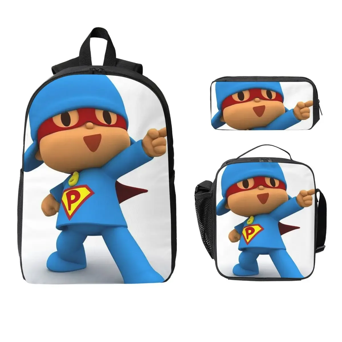 sac à dos bleu pocoyo pour enfants, sac à livres pour étudiants, sac d'école, sacs à bandoulière pour ordinateur, 3 pièces, sac à déjeuner isotherme, trousse à crayons
