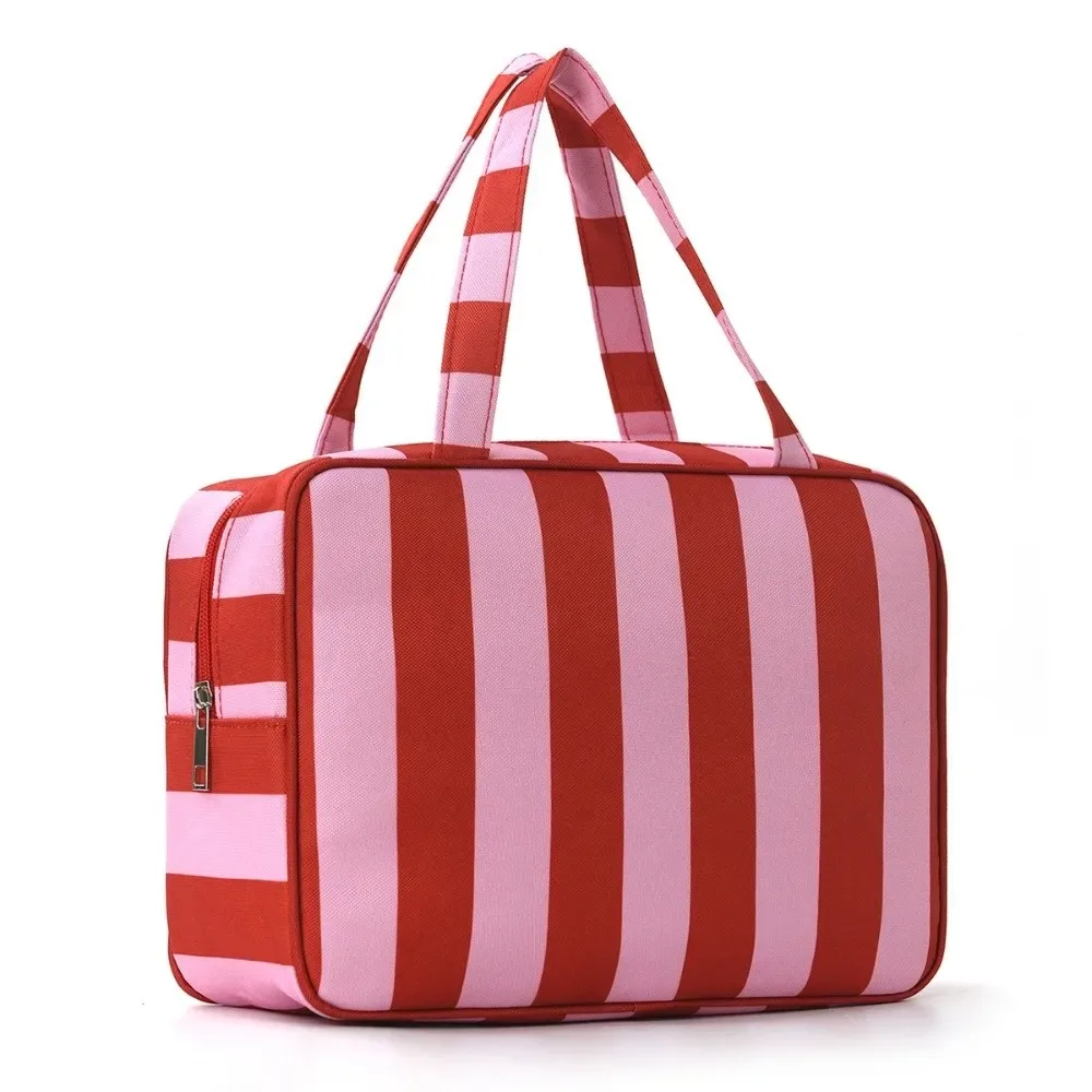 sac de rangement pour articles de toilette rayé grande capacité, pliable, multi-compartiments, sac de maquillage de voyage, pochette cosmétique durable et portable