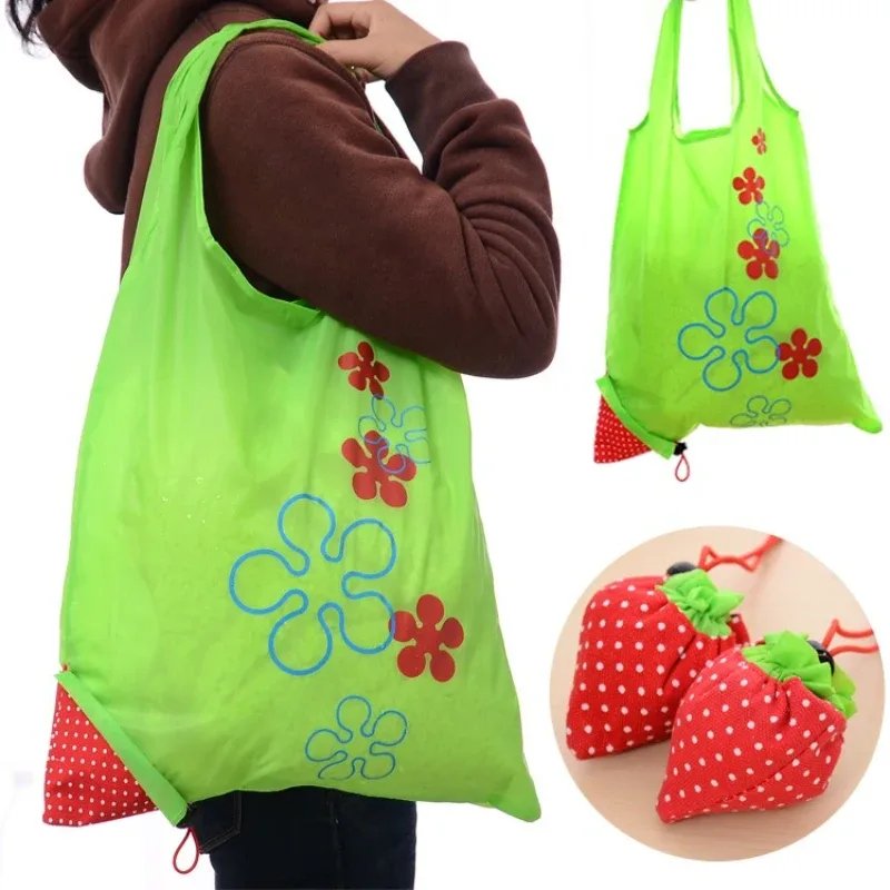 sac fourre-tout pliable en forme de fraise, sac à bandoulière de shopping créatif, sac de rangement portable écologique en polyester