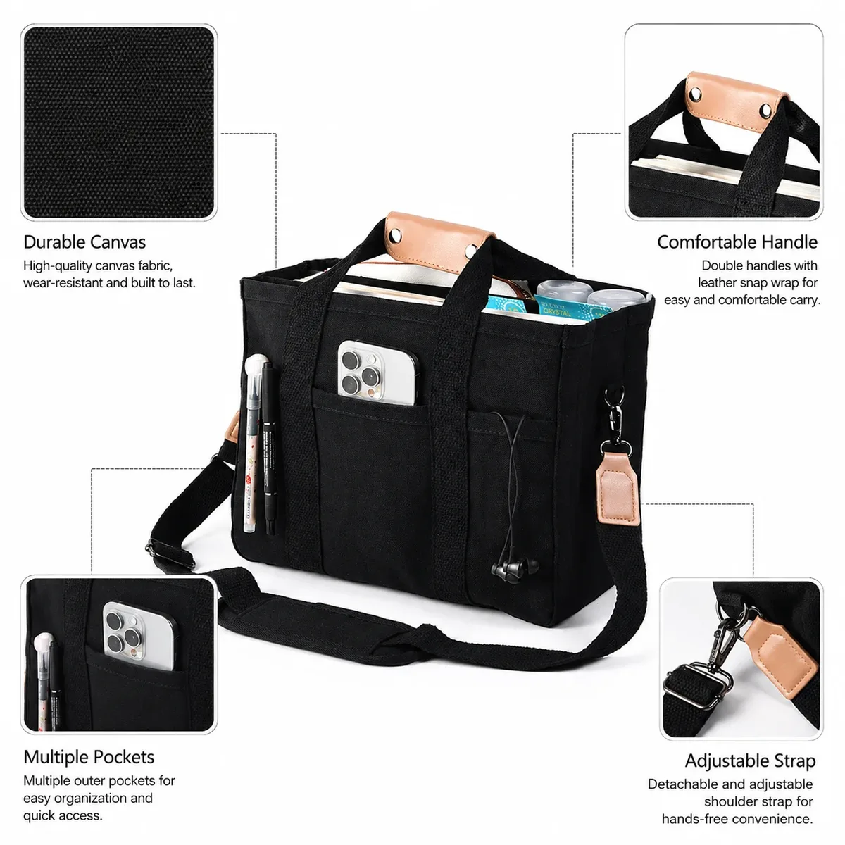 sac fourre-tout en toile de grande capacité avec plusieurs poches, bandoulière amovible pour le travail, l'école et les voyages