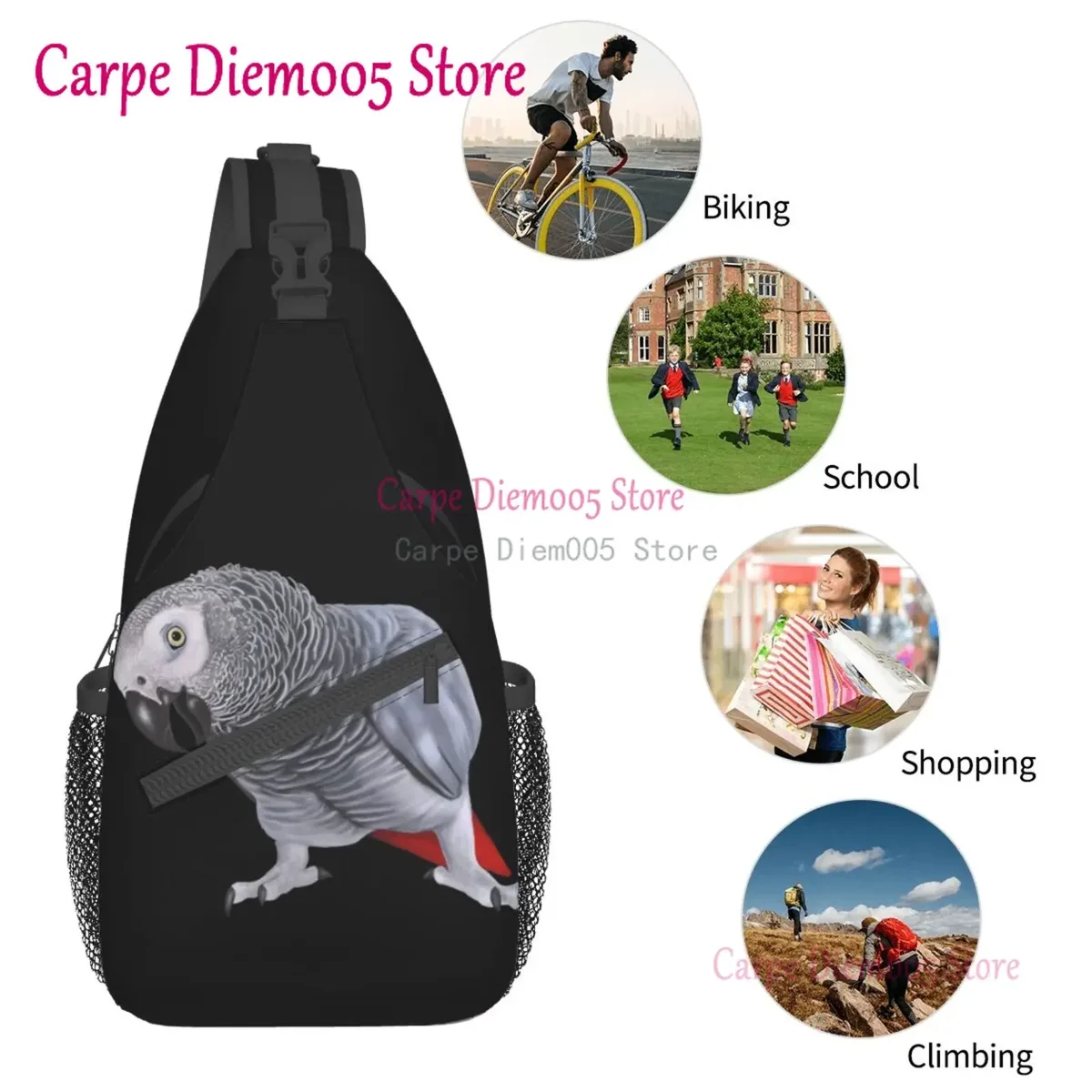sac à bandoulière perroquet gris africain pour hommes, sac à dos à bandoulière pour la randonnée