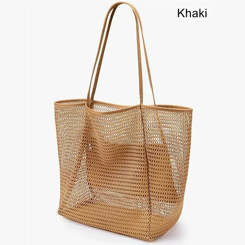 sac de plage grande capacité pour femme, pliable, en maille, sac de natation, sac à bandoulière tissé avec ouverture supérieure pour les voyages et le shopping