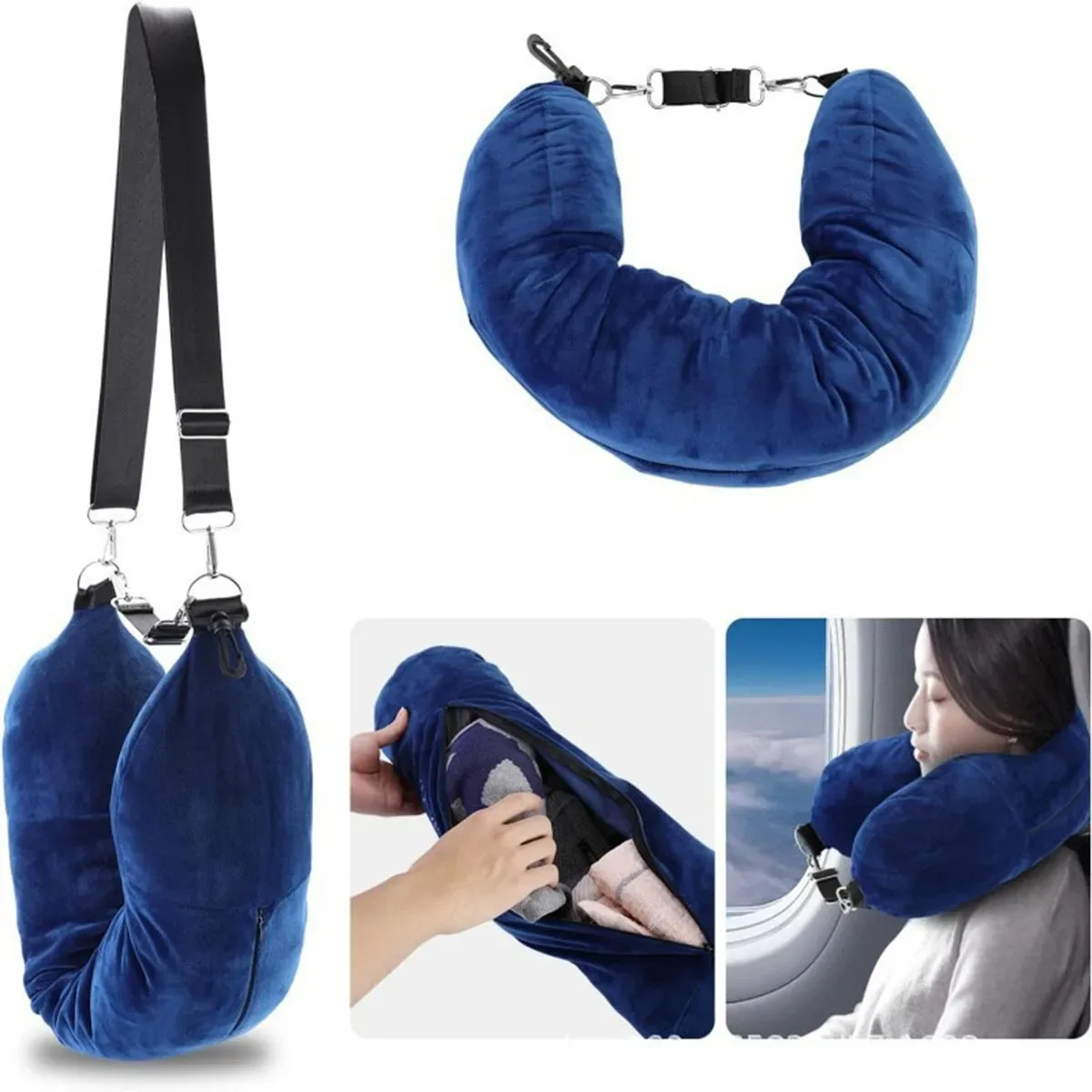 Oreiller de voyage pour le cou avec sac de rangement pour vêtements, taie d'oreiller en forme de U, housse d'oreiller en polaire cristalline pour les voyages en avion