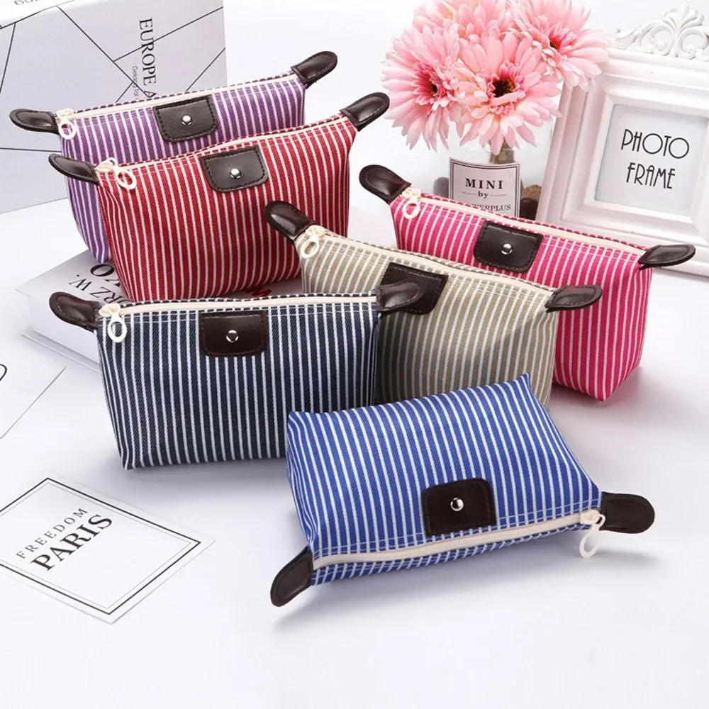 pochette de maquillage imperméable rayée, trousse de toilette de voyage pour cosmétiques et essentiels quotidiens, 1 pièce