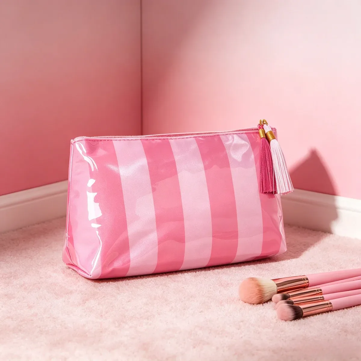 trousse de maquillage classique rayée avec fermeture éclair à franges, sac de voyage pour articles de toilette et soins de la peau, étui à pinceaux en pvc, organisation de voyage
