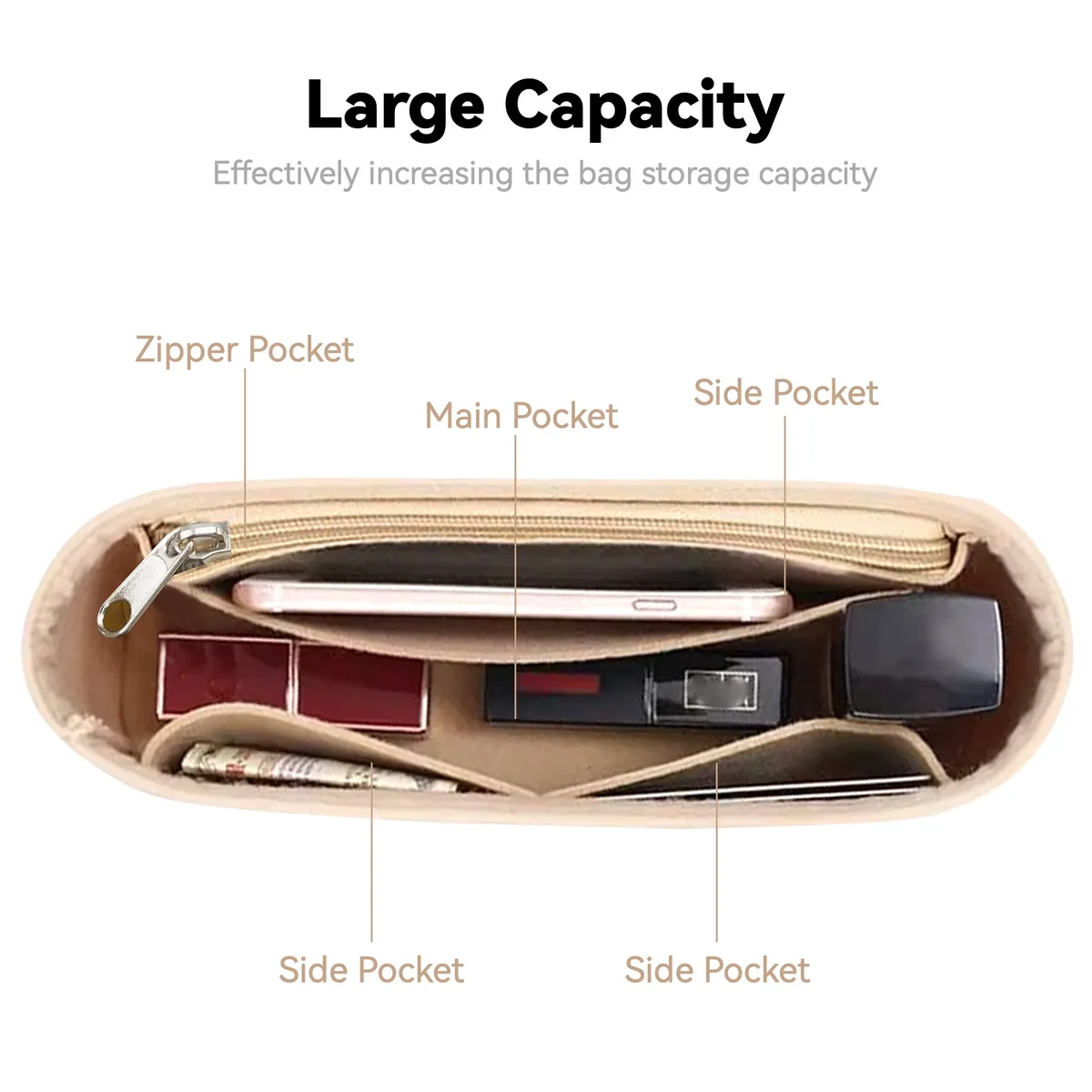 insert organisateur de sac à main en feutre avec fermeture éclair – pochette intérieure pour sacs à bandoulière, sacs à main et fourre-tout, sac de rangement pour femmes, 3 tailles