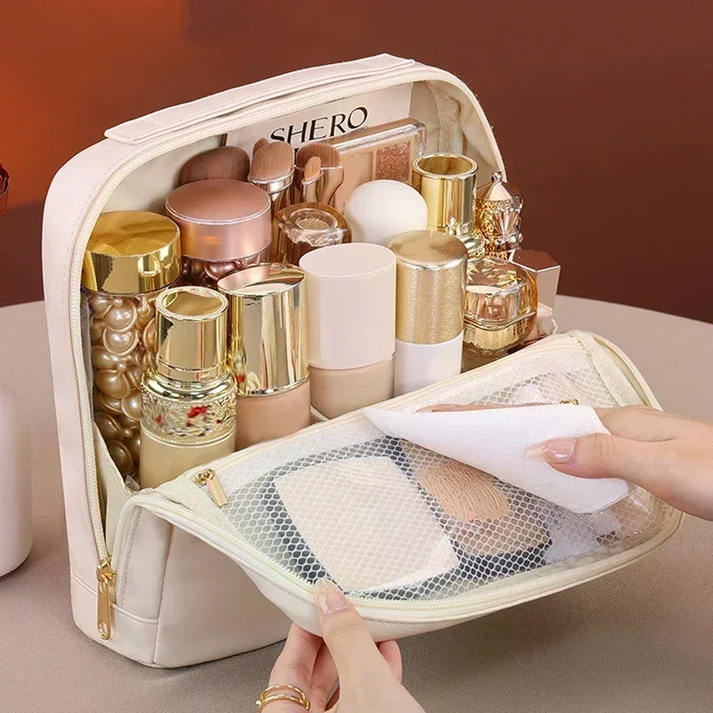 Trousse de maquillage verticale pour femmes, organisateur de cosmétiques multi-poches en PU, Portable, Double fermeture éclair, brosse de maquillage de voyage, sacs de rangement de produits de toilette