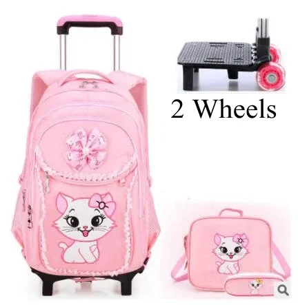3 sacs à roulettes scolaires pour enfants, sacs à dos à roulettes pour filles, sacs à roulettes pour l'école, style chat, sacs à dos pour filles