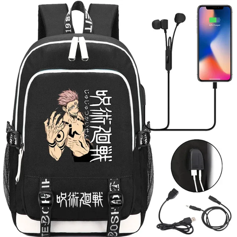 jujutsu kaisen anime sacs à dos adolescents livre cartable unisexe mode usb port de charge ordinateur portable voyage épaule en plein air mochila