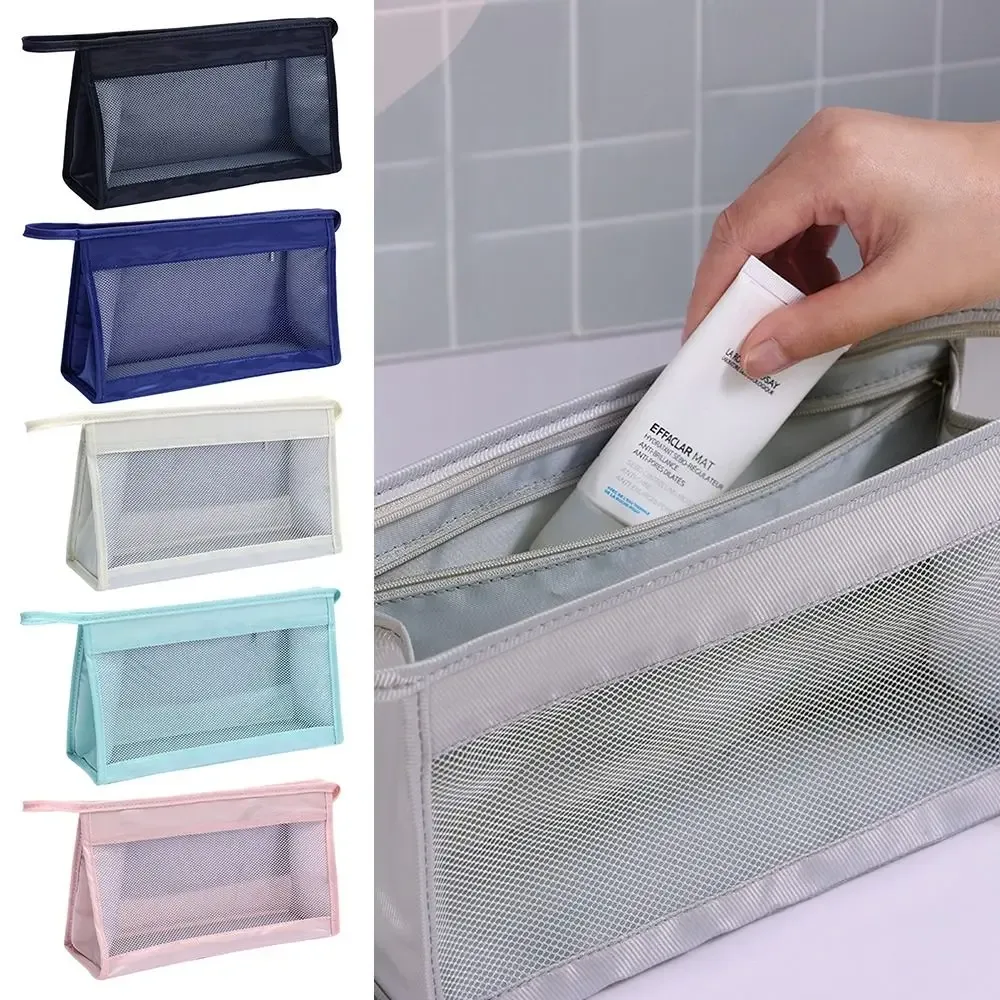sac cosmétique portable à fermeture éclair, grande capacité, pochette en maille multifonctionnelle pour maquillage, camping