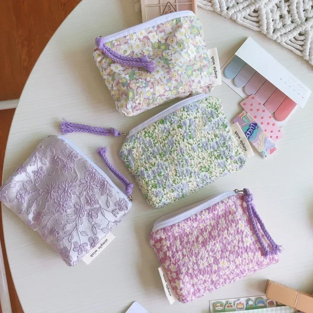 petite trousse de maquillage cosmétique pour femmes et filles, mini sacs à fleurs en coton, trousse de maquillage rouge à lèvres, sac à main pour enfants, trousse à poudres à monnaie