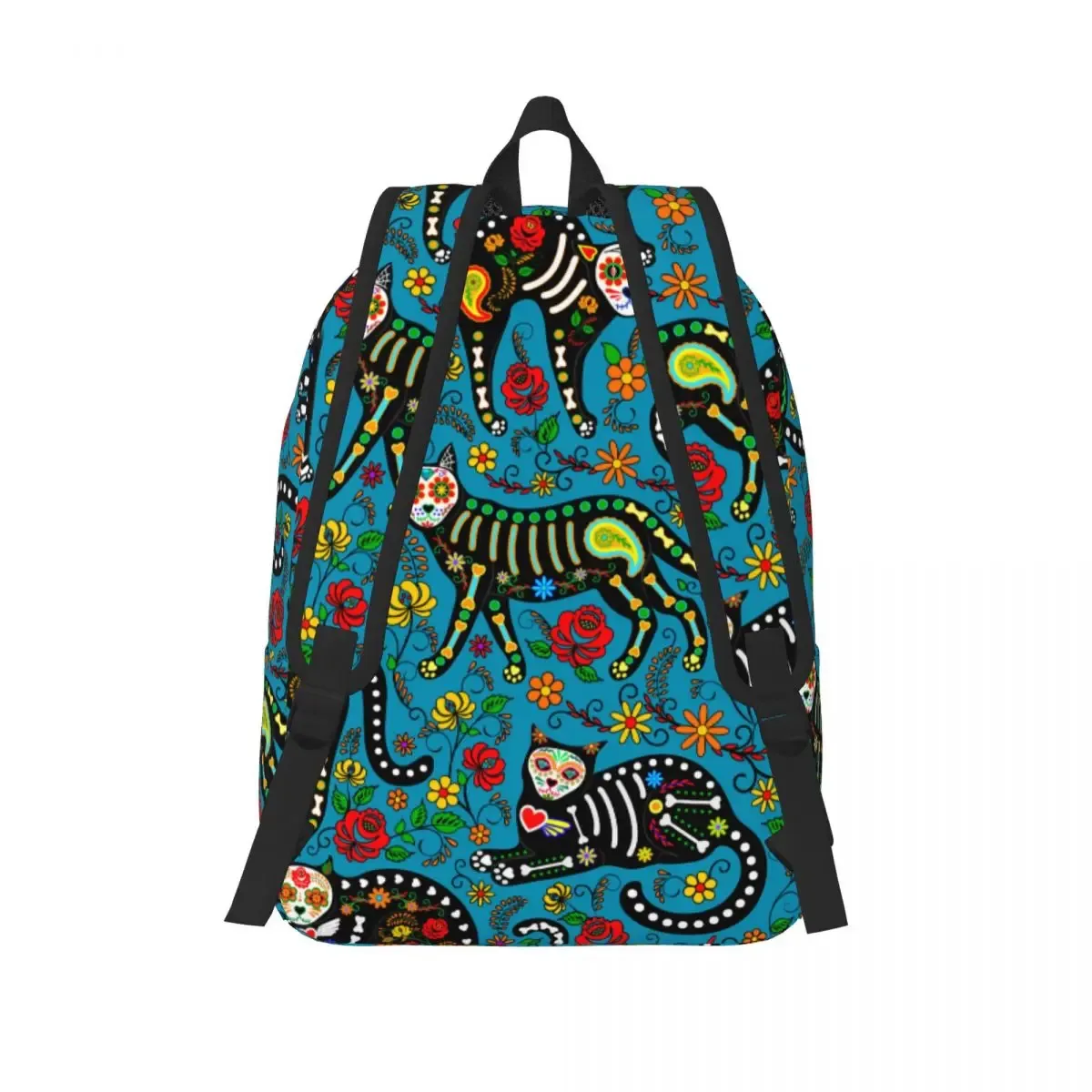 sac à dos d'école de grande capacité pour hommes et femmes, sac à dos étudiant, calavera, crâne de sucre, chats noirs, le jour de la fréquence