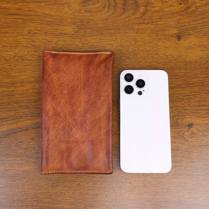 porte-passeport d'affaires en cuir véritable, tannage végétal, organisateur de documents en détresse à la main, support pour téléphone, portefeuille long en cuir de vache