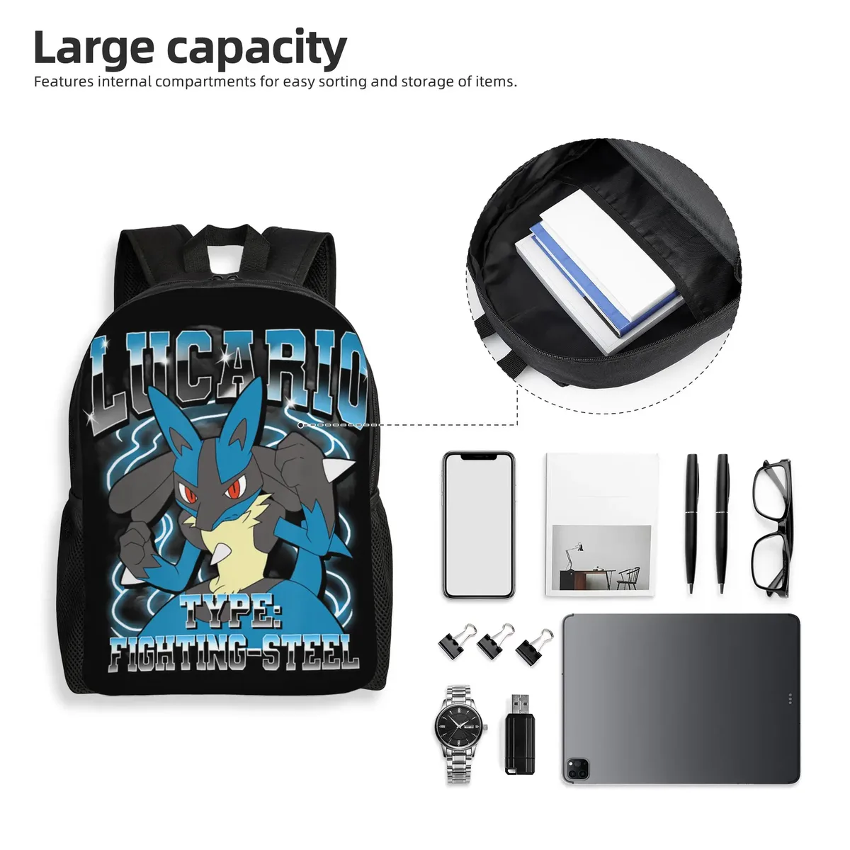 sacs à dos pokemon lucario type fighting steel poster daypack mochila office work sac à dos à fermeture éclair