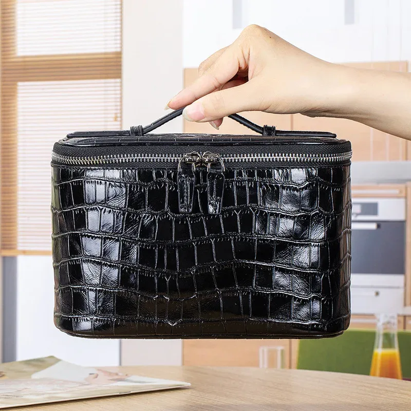 sac à cosmétiques de luxe haut de gamme en cuir de vachette de qualité supérieure, sac de rangement compartimenté de grande capacité, trousse de toilette portable pour femme