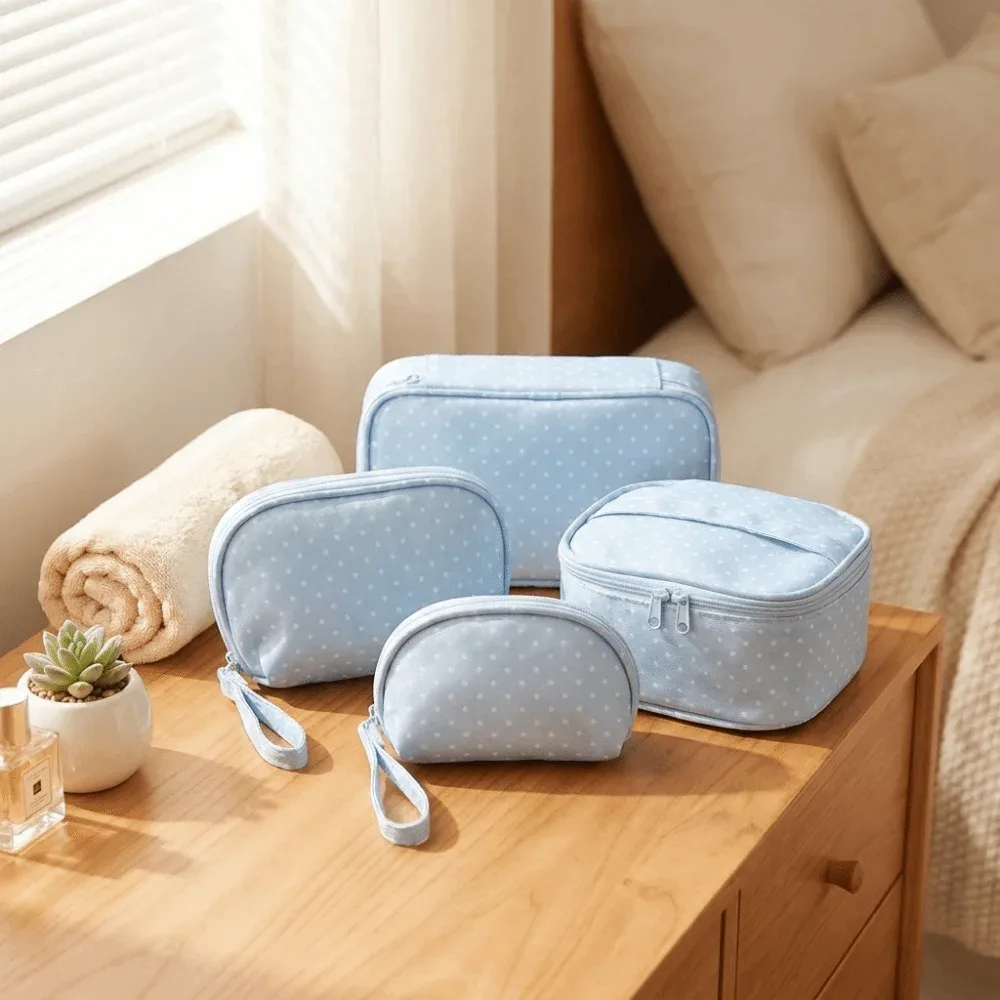 pochette de maquillage en polyester à pois, sac de rangement de voyage à carreaux multi-tailles, trousse de toilette bleu clair avec fermeture éclair, pochette cosmétique pour usage quotidien