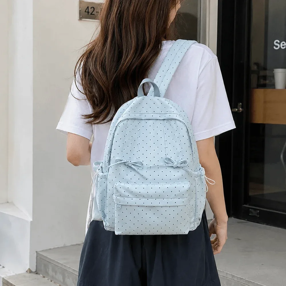 sac à dos à pois élégant grande capacité léger et minimaliste avec nœud, durable, pour étudiants et usage extérieur