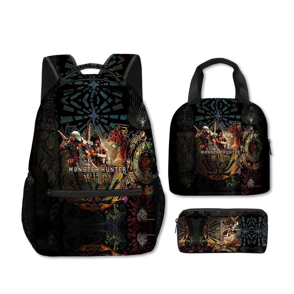 sacs d'école classiques populaires et amusants avec impression 3d de monstres sauvages, 3 pièces/ensemble, sac à dos de voyage, sac à déjeuner portable, trousse à crayons