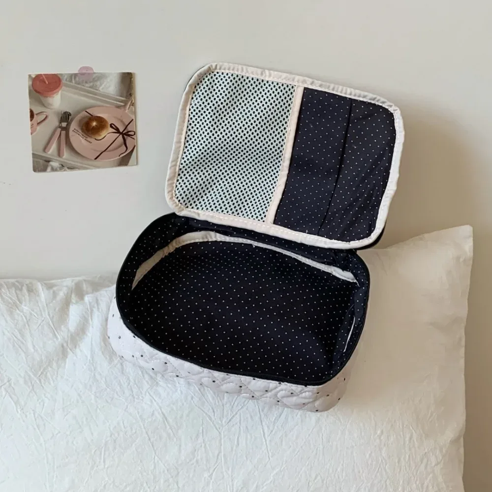 trousse de toilette matelassée à pois pour femme, grande capacité, sac de maquillage de voyage, organiseur de toilette à fermeture éclair, étui de rangement multifonctionnel pour produits de beauté