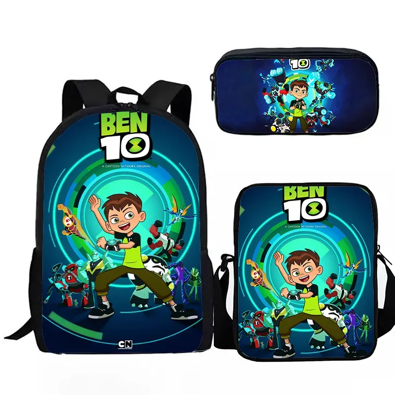 Sacs de voyage pour étudiants, sac à dos pour ordinateur portable, sac à dos à imprimé 3D, trousse à crayons populaire, américains ben10, 3 pièces par ensemble