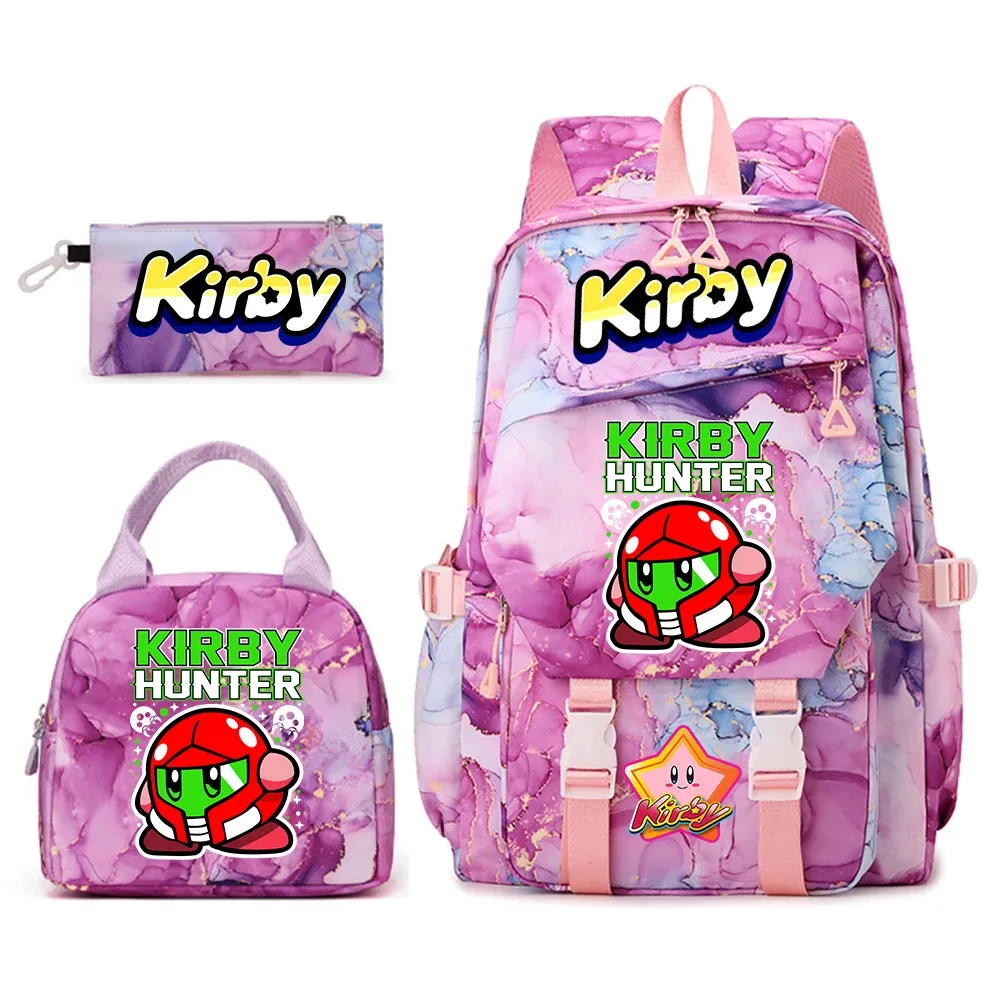 ensemble de sacs à dos pour étudiantes avec imprimé kirby, sac à déjeuner et trousse à crayons, sac à dos scolaire léger