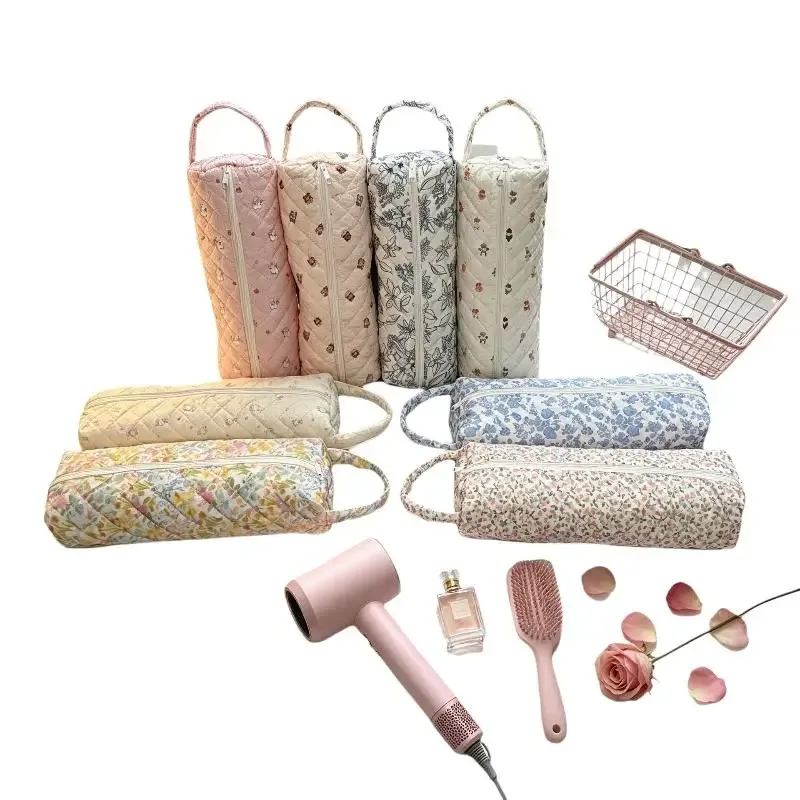 sac de rangement matelassé pour sèche-cheveux avec imprimé floral mignon, poignée portable, grande capacité, étui de transport pour voyage, organisateur de salle de bain