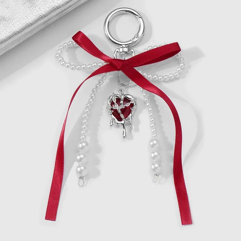 porte-clés en perles de cerise rouge doux, décoration de sac, nœud en ruban, sac à dos mignon, décoration suspendue, cadeau pour meilleur ami