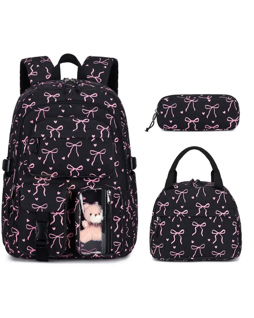 sac à dos d'université en velours côtelé, 3 pièces, avec sac à déjeuner, trousse à crayons, mignon fille, école, imprimé fraise, ensemble de sac à dos pour adolescentes et femmes